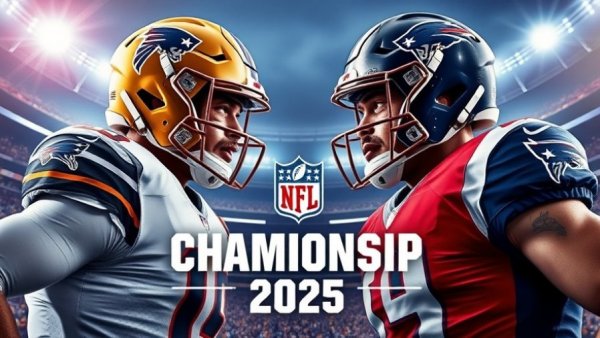 NFL Championship Preview 2025: Patriots vs. Rams poster.