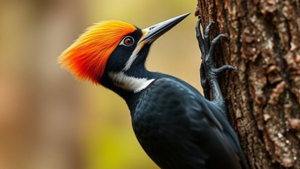 Black woodpecker in Wisconsin forest, pecking tree in natural setting