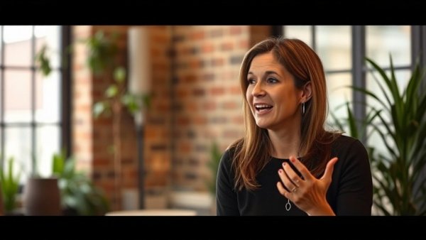 Energetic woman excitedly discussing website traffic generation.