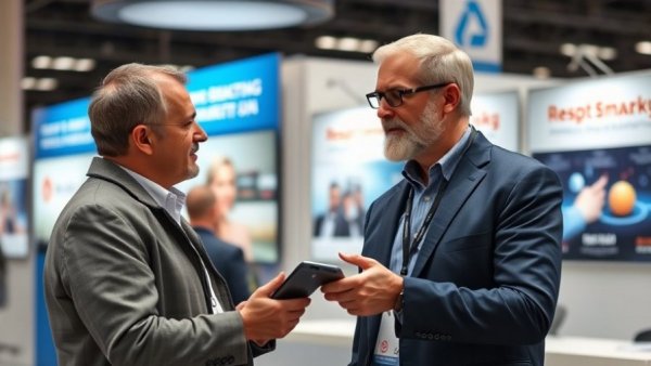 Man discussing email marketing automation in a trade show booth.
