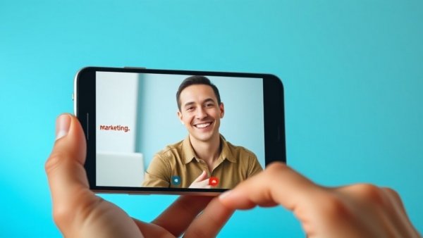 Hand holding phone with video call on social media marketing.