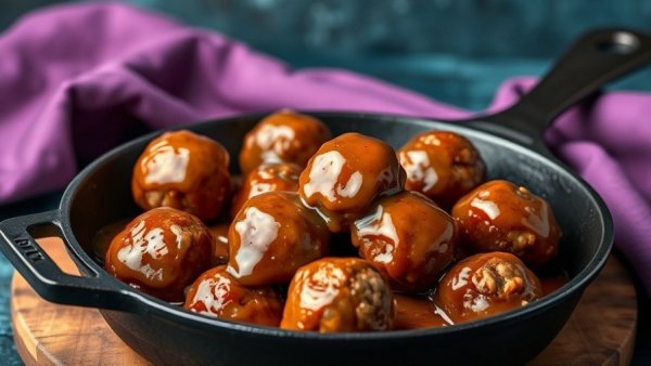 Hot Honey Meatballs in cast-iron skillet, warm lighting