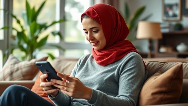 Woman in headscarf using smartphone for online advertising strategies.