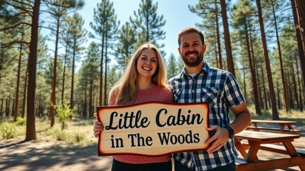 Couple holding cabin sign in a sunny Wisconsin forest