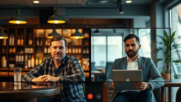 Casual video call with three men in a bar and office setting.