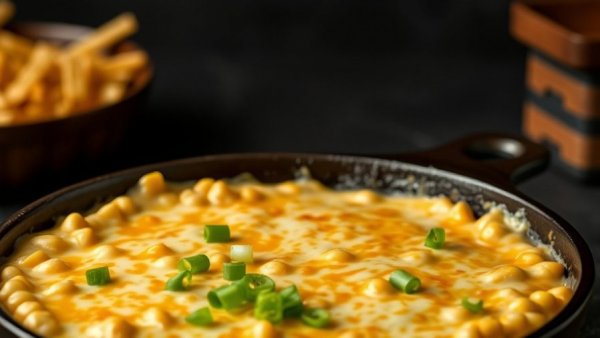 Wisconsin cheesy corn dip recipe in skillet with chips.