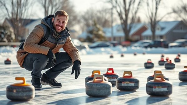 A man curling on an ice rink, a Wisconsin family activity.