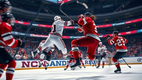 Ice hockey game action with Wisconsin team, Wisconsin sports news.