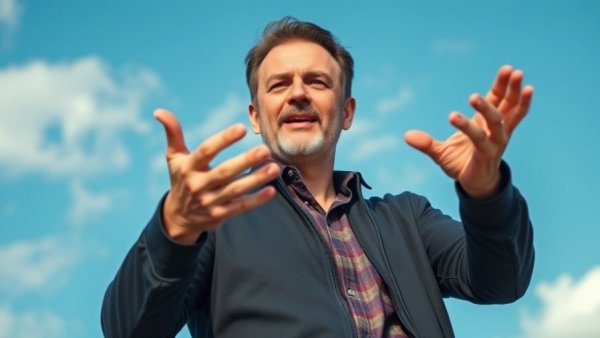 Confident man sharing strategies under a clear sky.