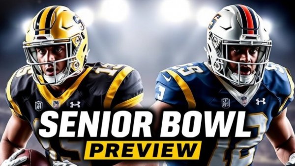 Senior Bowl Preview featuring two football players for the 2025 NFL Draft.