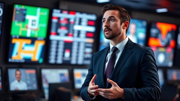Man in a suit giving a speech in a control room, cinematic setting.