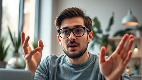 Man explaining in video call, website traffic generation discussion.