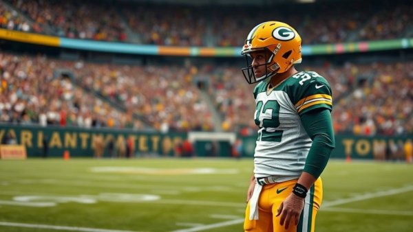 Focused Green Bay Packers player standing on field, photorealistic.