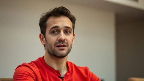 Confident person in red shirt discussing video promotion indoors.