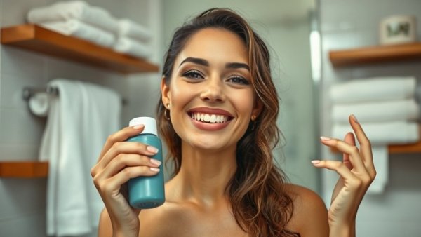 Smiling woman applying dry shampoo in a bathroom setting.