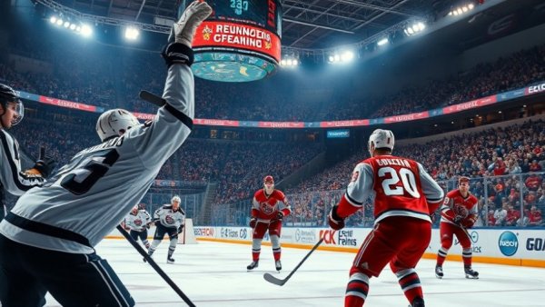 Energetic scene from Wisconsin men's hockey games with fans cheering.
