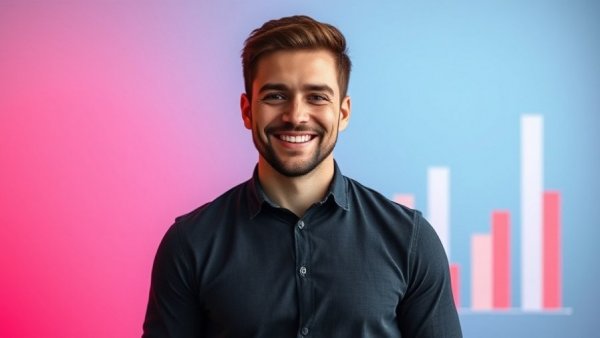 Smiling young man in marketing promo, social media marketing for small business, bar chart background.