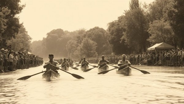 Vintage scene of a canoe race in Pushing the River Book Review