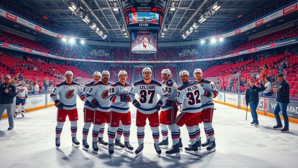 Wisconsin Badgers hockey team poses together on the ice.