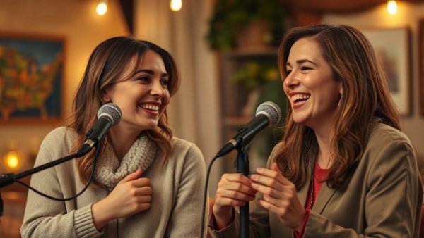 Two women discussing AI in email marketing indoors with microphones.