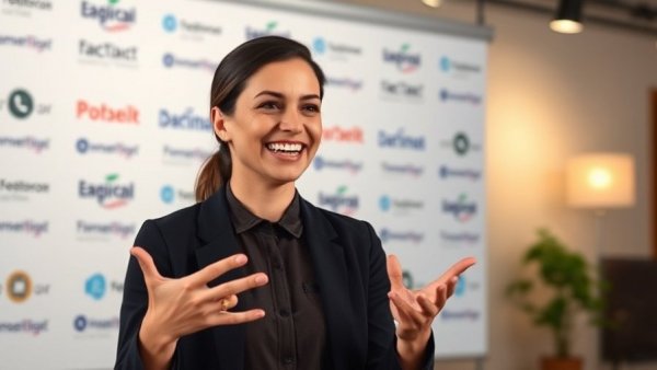 Confident speaker demonstrating video tips, Overcome Camera Fear.