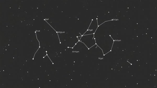 Diagram of Orion constellation with labeled stars including Betelgeuse and Rigel.