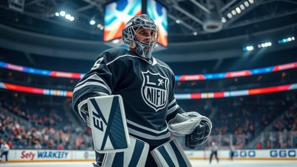 Hockey goalie in action, Big Ten Third Star, on the ice with audience.
