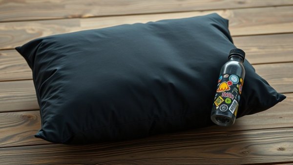 Zpacks Comfy Camp Pillow beside decorated bottle on wood surface