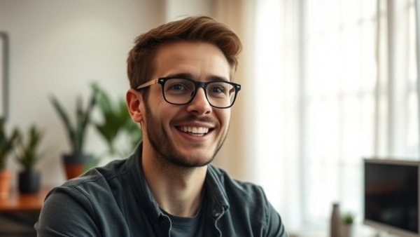 Confident young man explaining how to rank on AI search indoors.