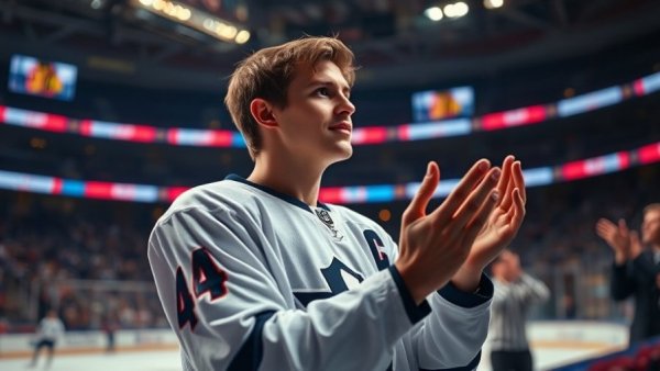2025 NFL Draft prospect standing in hockey jersey receiving applause.