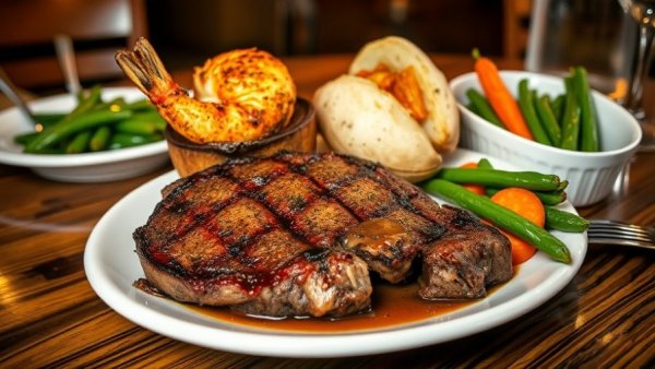 Wisconsin supper clubs: steak and seafood dinner with baked potato.