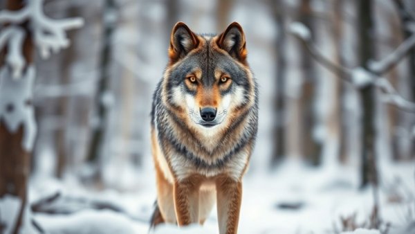 Majestic wild wolf in snowy Wisconsin forest, highlighting natural beauty.