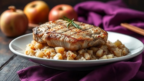 Pork chop with sauerkraut on plate in rustic setting.