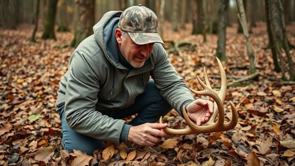 Shed hunting tips Wisconsin: Man finds deer antler in leaf-covered forest.