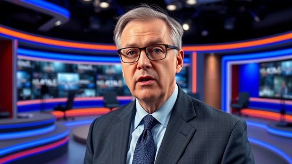 Professional man in news studio discussing important topic.