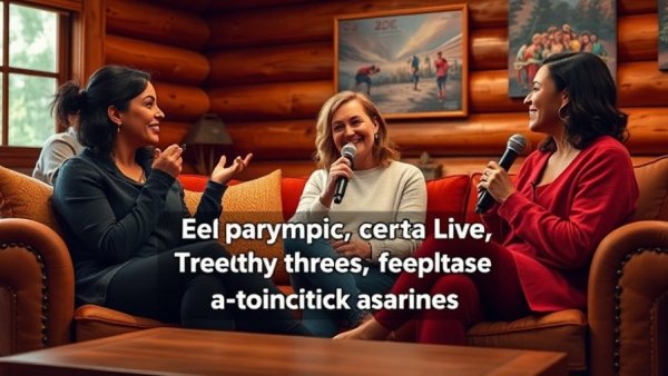 Wisconsin travel podcast session in a wood cabin with three women discussing.