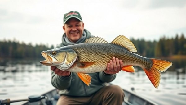 Beaming fisherman displays a large walleye on a Wisconsin lake.