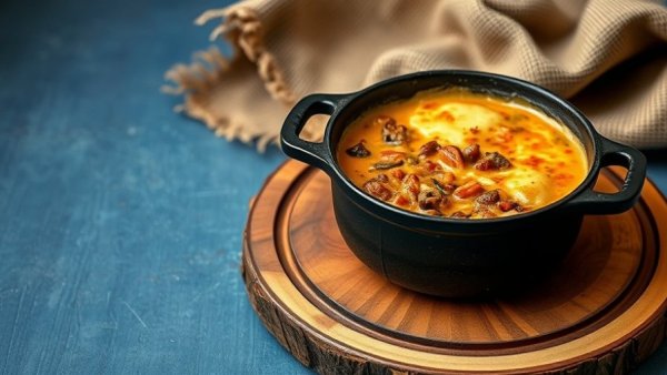 Hearty Shepherd's Pie Soup in a cast-iron pot with rustic decor.