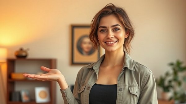 Confident woman discussing email subject lines fail, indoors.