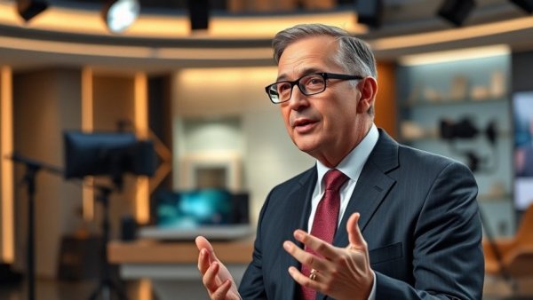 News program segment featuring mature man speaking, professional studio.