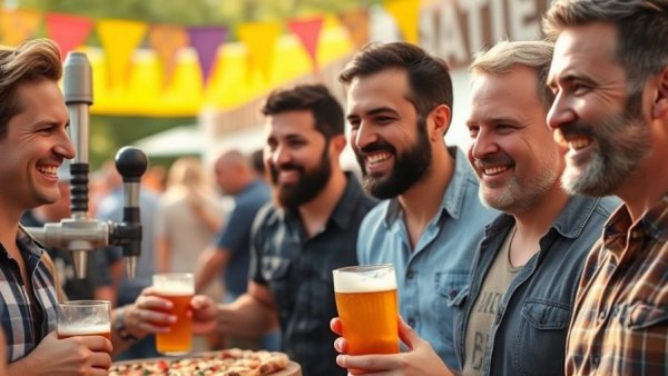 Group of men enjoying a Wisconsin food festival, outdoors with food and drink.