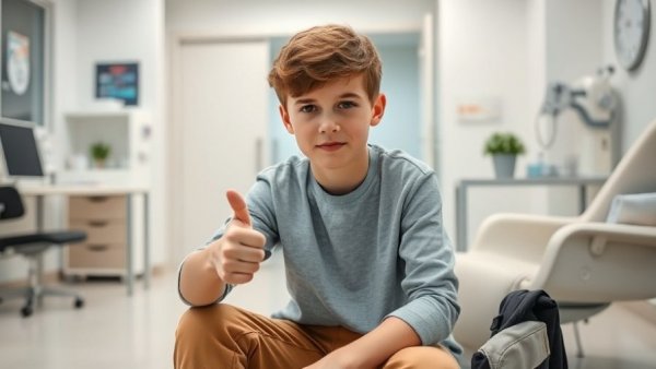 Young boy showing thumbs down in a clinic for Wisconsin health and wellness.