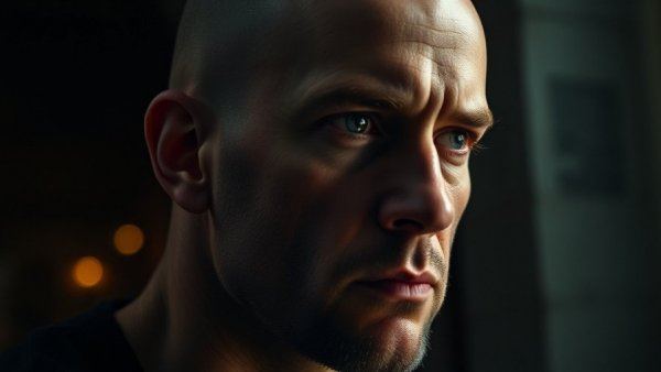 Close-up cinematic portrait of bald man, intense expression.