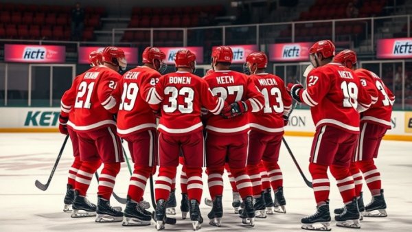 Hockey team huddling on ice rink for strategy, Wisconsin outdoor recreation.