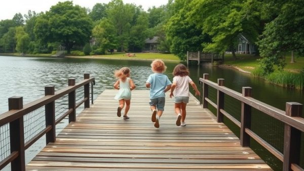 Children exploring a lakeside dock in Wisconsin travel scene