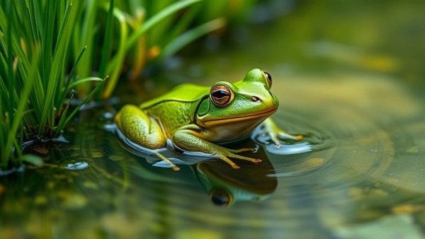 Frog in Wisconsin pond surrounded by grass, capturing outdoor activities.