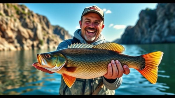 Fisherman at Wisconsin fishing spot with large walleye catch.