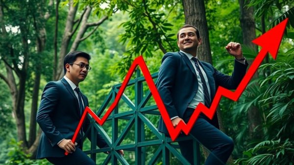 Business professionals climbing lattice with upward graph, press release theme