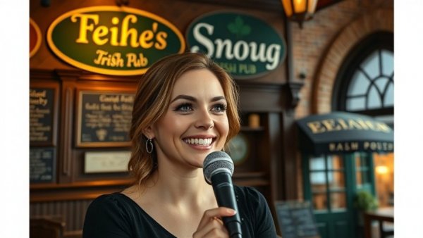 Charming woman at microphone in Irish pub, showcasing Erin's Snug Pub, Madison WI setting.