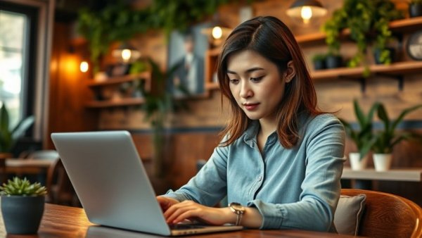Young professional woman working on laptop in a cozy café environment.